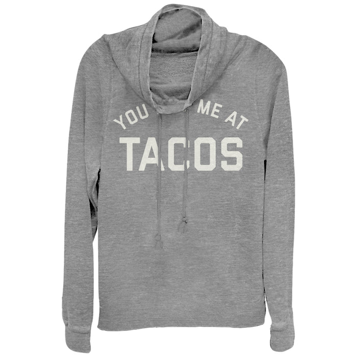 fifth sun Junior's CHIN UP Had Me at Tacos Cowl Neck Sweatshirt