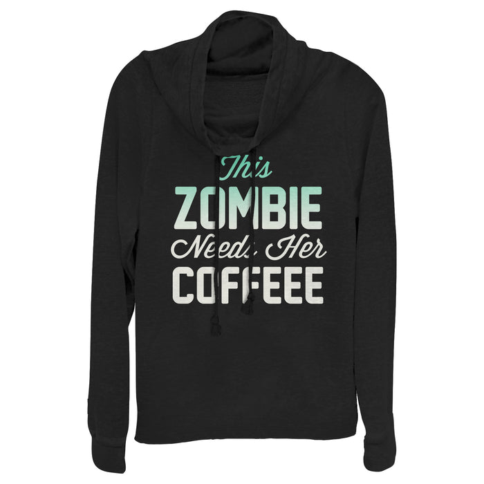 fifth sun Junior's CHIN UP Halloween Zombie Needs Coffee Cowl Neck Sweatshirt
