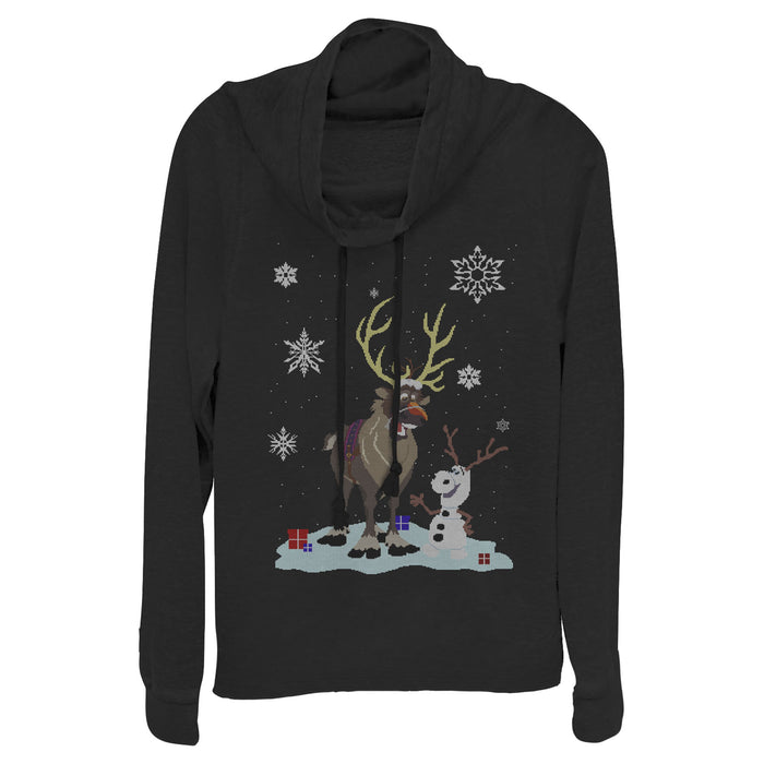fifth sun Junior's Frozen Christmas Sweater Friends Cowl Neck Sweatshirt
