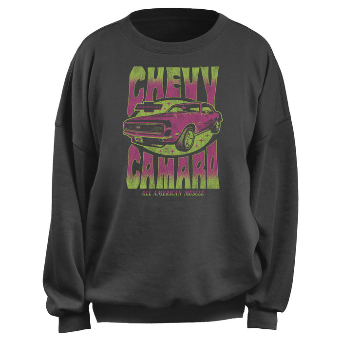 fifth sun Junior's General Motors Distressed Pink and Green Chevy Camaro Sweatshirt