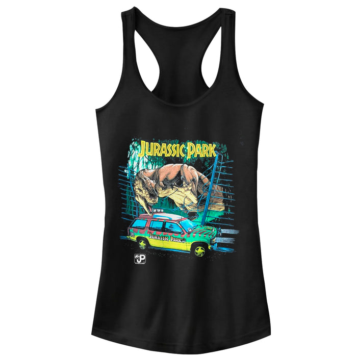 fifth sun Junior's Jurassic Park Car Chase Scene Racerback Tank Top