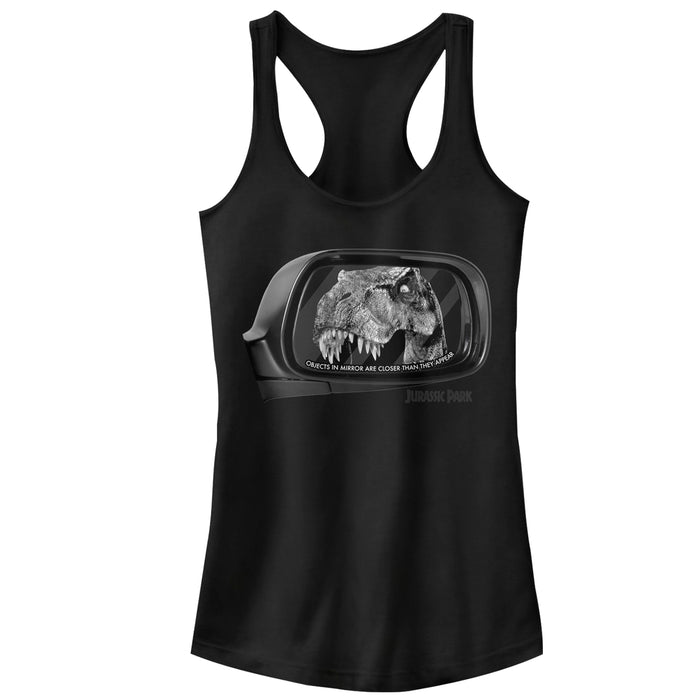 fifth sun Junior's Jurassic Park T. Rex In Rearview Mirror Objects Are Closer Racerback Tank Top