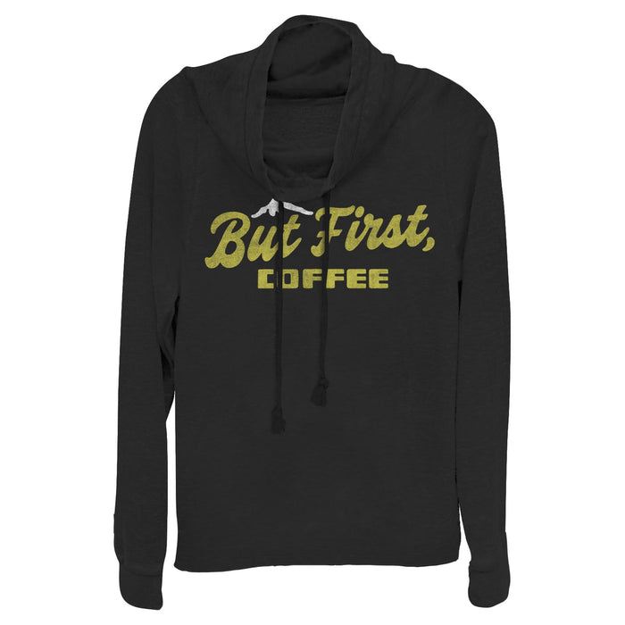 fifth sun Junior's Lost Gods But First Coffee Distressed Cowl Neck Sweatshirt