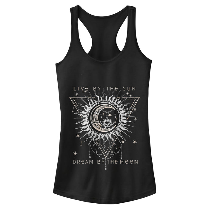fifth sun Junior's Lost Gods Live By Sun Dream By Moon Pattern Racerback Tank Top