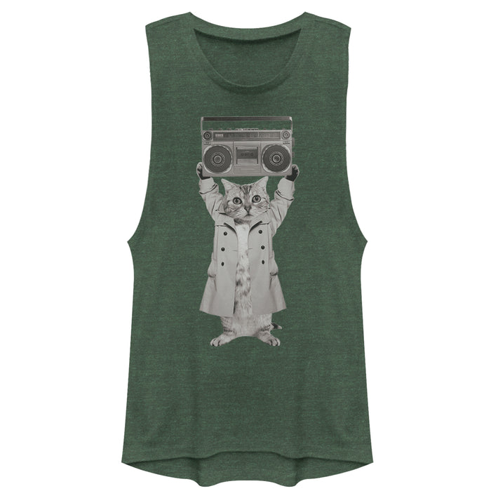 fifth sun Junior's Lost Gods Trench Coat Boombox Cat Festival Muscle Tee