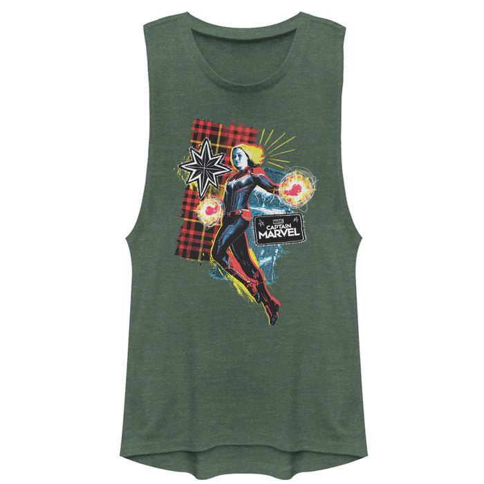 fifth sun Junior's Marvel Captain Marvel Flannel Patch Print Festival Muscle Tee