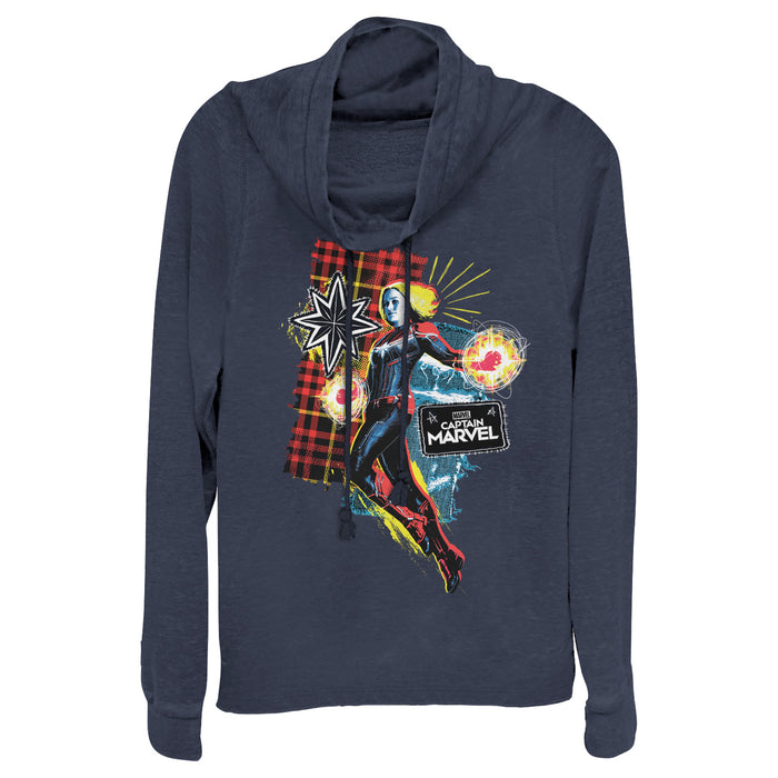 fifth sun Junior's Marvel Captain Marvel Flannel Patch Print Cowl Neck Sweatshirt