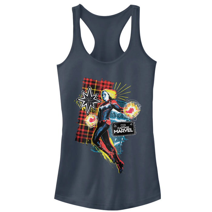 fifth sun Junior's Marvel Captain Marvel Flannel Patch Print Racerback Tank Top