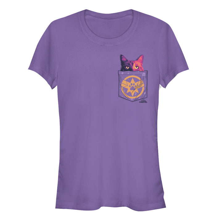 fifth sun Junior's Marvel Captain Marvel Goose Cat Pocket Print T-Shirt