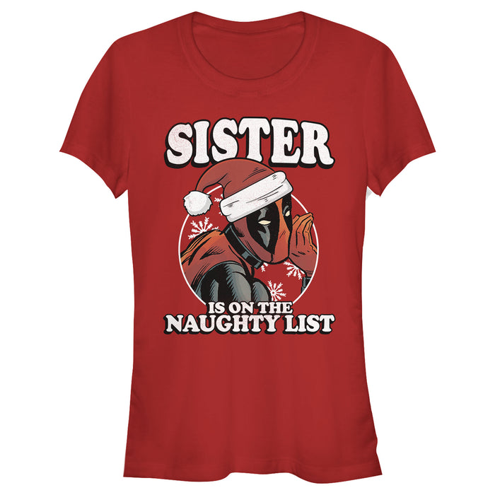 fifth sun Junior's Marvel Christmas Deadpool Sister on Naughty List T-Shirt