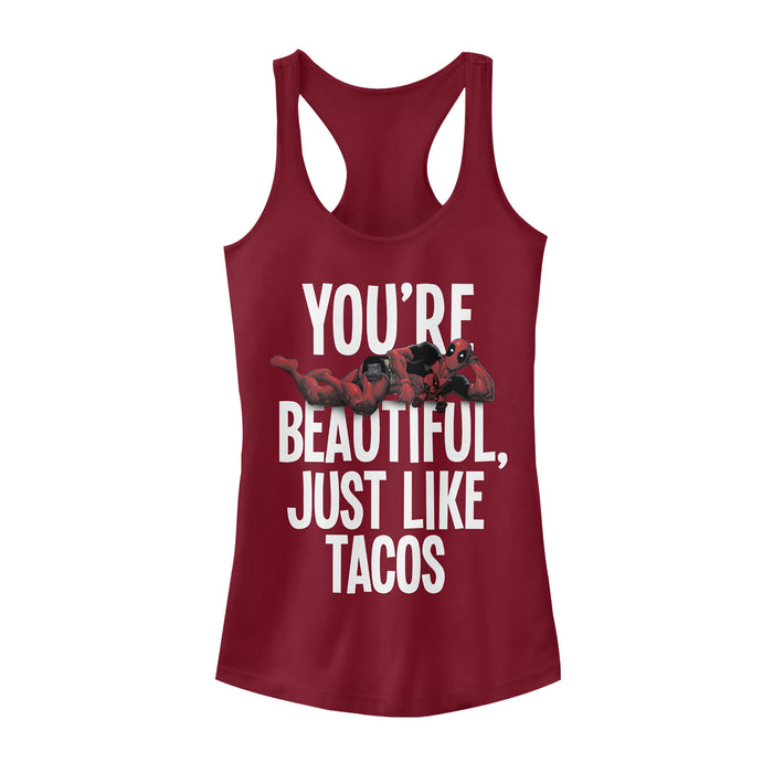 fifth sun Junior's Marvel Deadpool Beautiful Just Like Tacos Racerback Tank Top