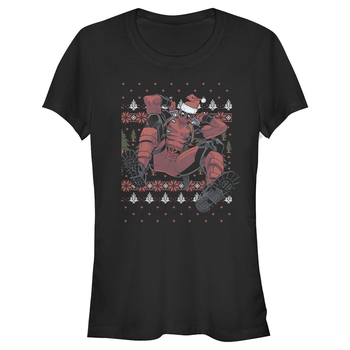 fifth sun Junior's Marvel Deadpool Santa Hat Ugly Sweater Holiday T-Shirt