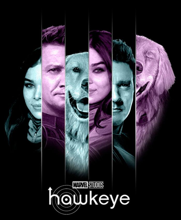 Fifth Sun Junior's Marvel Hawkeye Kate Bishop And Lucky The Pizza Dog Split Panels T-Shirt
