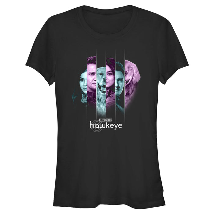 fifth sun Junior's Marvel Hawkeye Kate Bishop and Lucky the Pizza Dog Split Panels T-Shirt