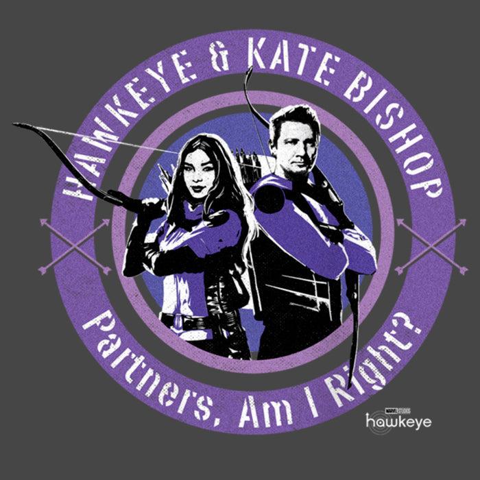 Fifth Sun Junior's Marvel Hawkeye Partners Am I Right? Stamp Racerback Tank Top