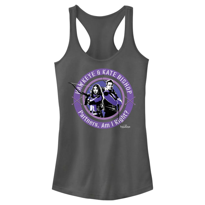 fifth sun Junior's Marvel Hawkeye Partners Am I Right? Stamp Racerback Tank Top