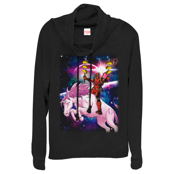 fifth sun Junior's Marvel Taco Deadpool on Space Unicorn Cowl Neck Sweatshirt