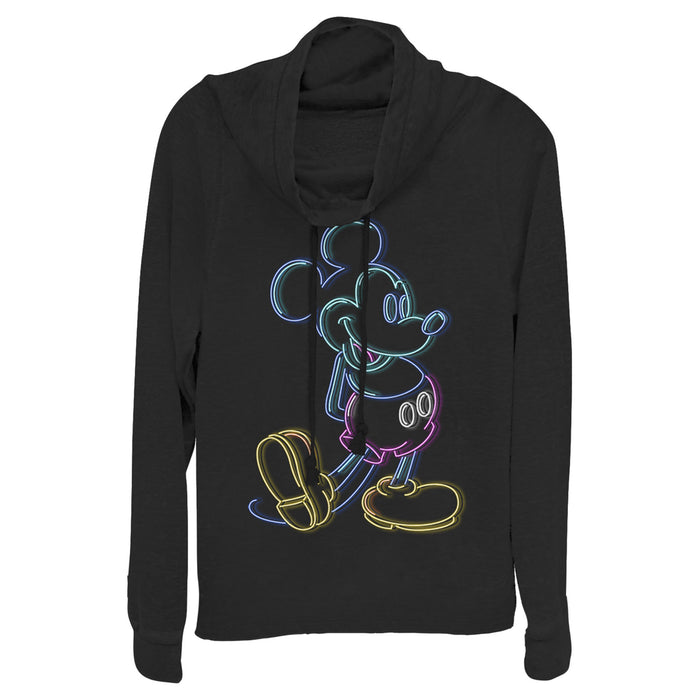 fifth sun Junior's Mickey & Friends Bright Neon Mickey Mouse Outline Cowl Neck Sweatshirt