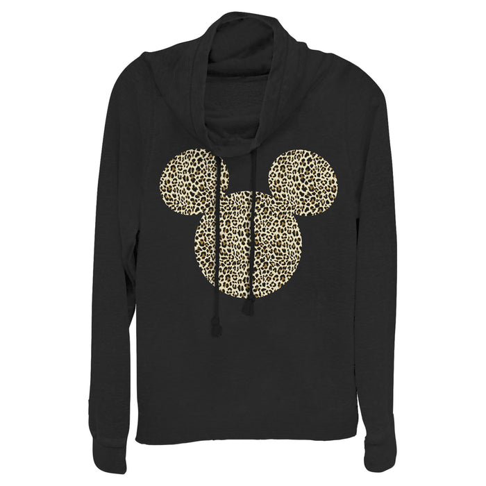 fifth sun Junior's Mickey & Friends Cheetah Print Mickey Mouse Logo Cowl Neck Sweatshirt