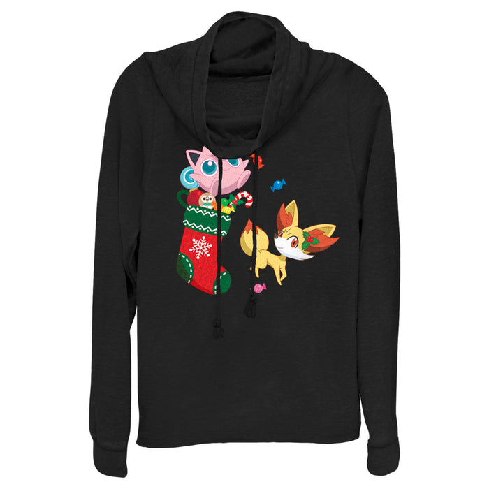 fifth sun Junior's Pokemon Christmas Jigglypuff and Fennekin Stocking Cowl Neck Sweatshirt
