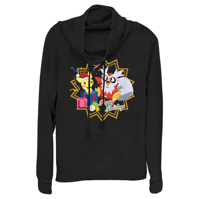 fifth sun Junior's Pokemon Christmas Pikachu and Delibird Happy Holidays Cowl Neck Sweatshirt