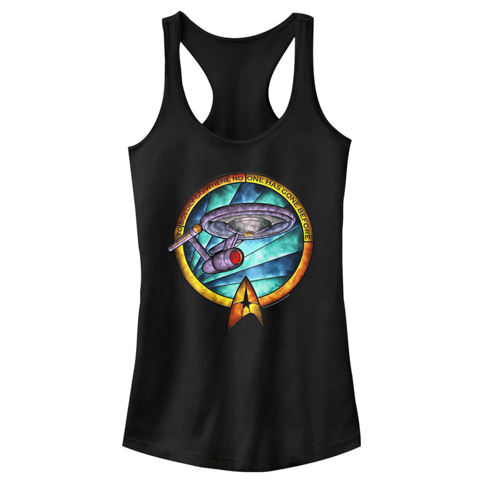 fifth sun Junior's Star Trek USS Enterprise Stained Glass To Boldly Go Racerback Tank Top