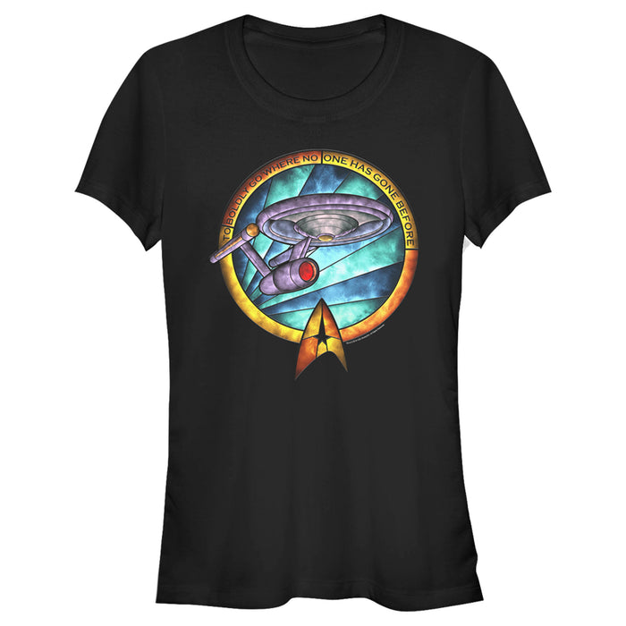 fifth sun Junior's Star Trek USS Enterprise Stained Glass To Boldly Go T-Shirt