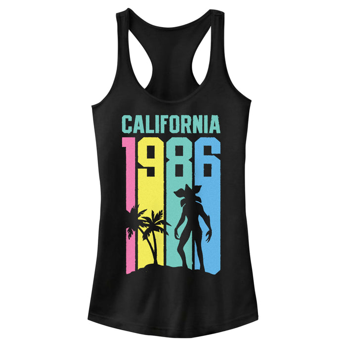 fifth sun Junior's Stranger Things California 1986 Rainbow Stripe Demogorgon Racerback Tank Top