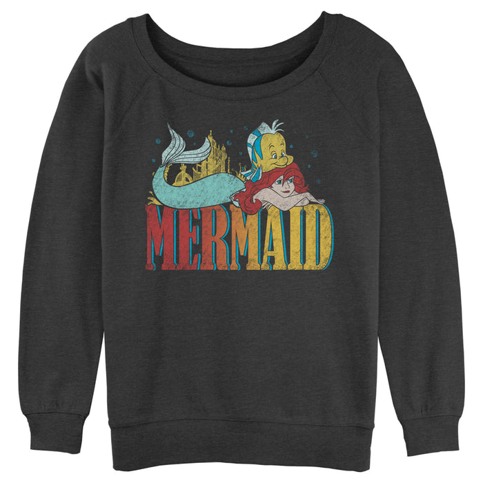 fifth sun Junior's The Little Mermaid Ariel and Flounder Distressed Logo Sweatshirt