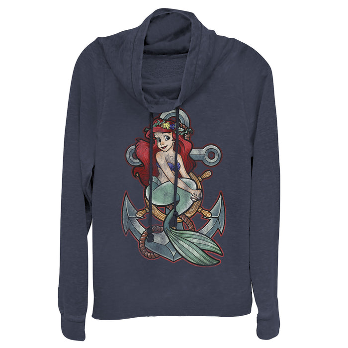 fifth sun Junior's The Little Mermaid Ariel Vintage Anchor Cowl Neck Sweatshirt