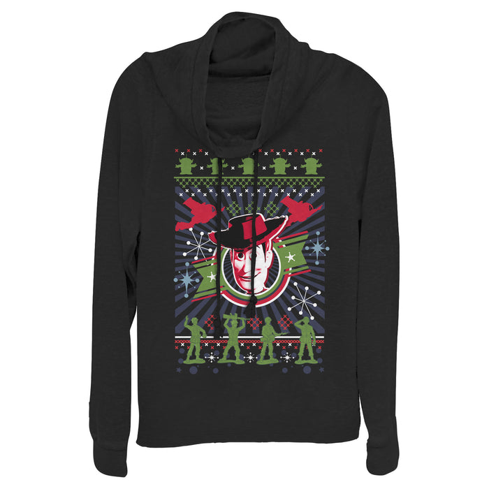 fifth sun Junior's Toy Story Christmas Woody Pattern Cowl Neck Sweatshirt