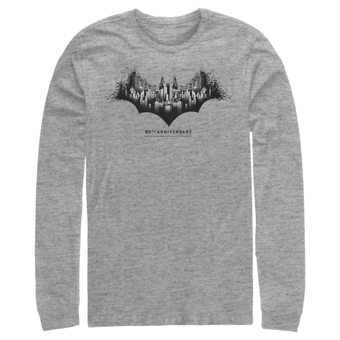 Fifth Sun Men's Batman Gotham Skyline Bat Shape Long Sleeve Shirt