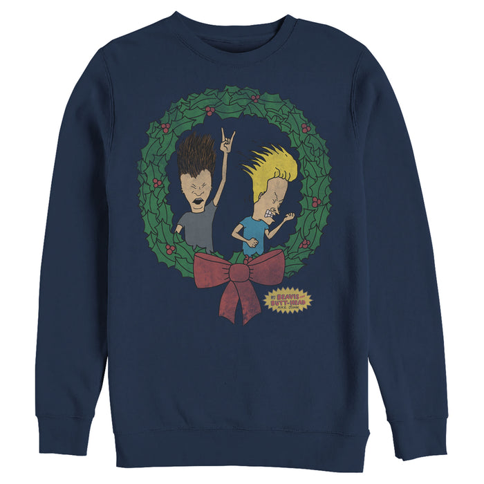 fifth sun Men's Beavis and Butt-Head Christmas Rocker Wreath Sweatshirt