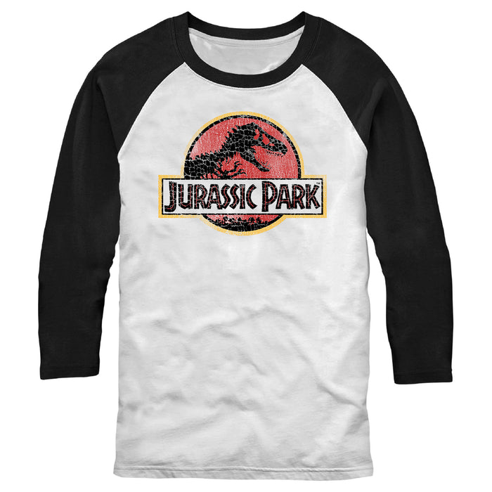 fifth sun Men's Jurassic Park Cracked T-Rex Logo Baseball Tee