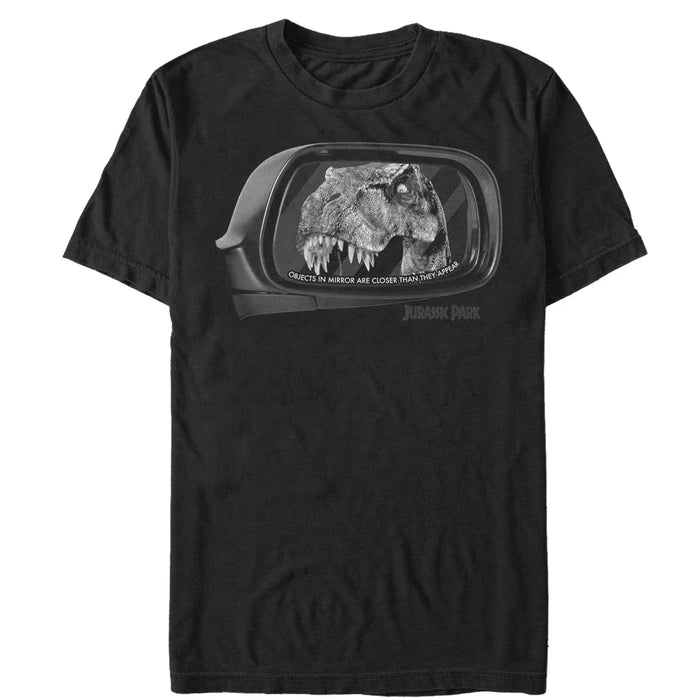 fifth sun Men's Jurassic Park T. Rex In Rearview Mirror Objects Are Closer T-Shirt