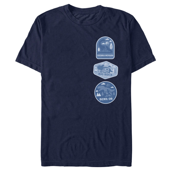 fifth sun Men's Jurassic World: Dominion Destination Travel Dinosaur Badges T-Shirt