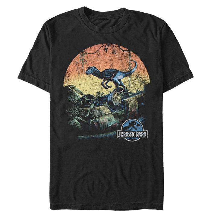 fifth sun Men's Jurassic World Retro Raptor Sunset T-Shirt