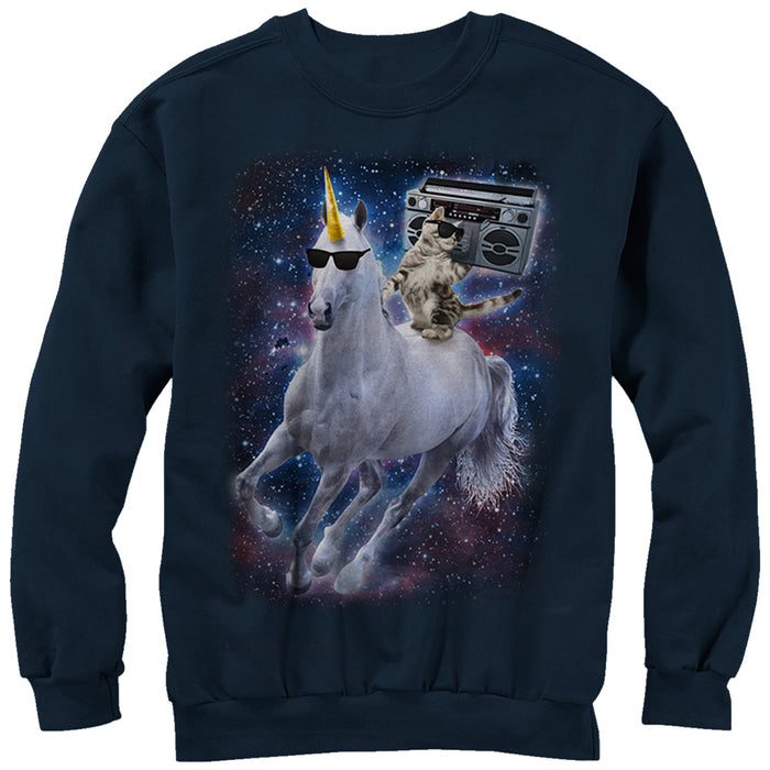 fifth sun Men's Lost Gods Boombox Cat and Unicorn Space Song Sweatshirt