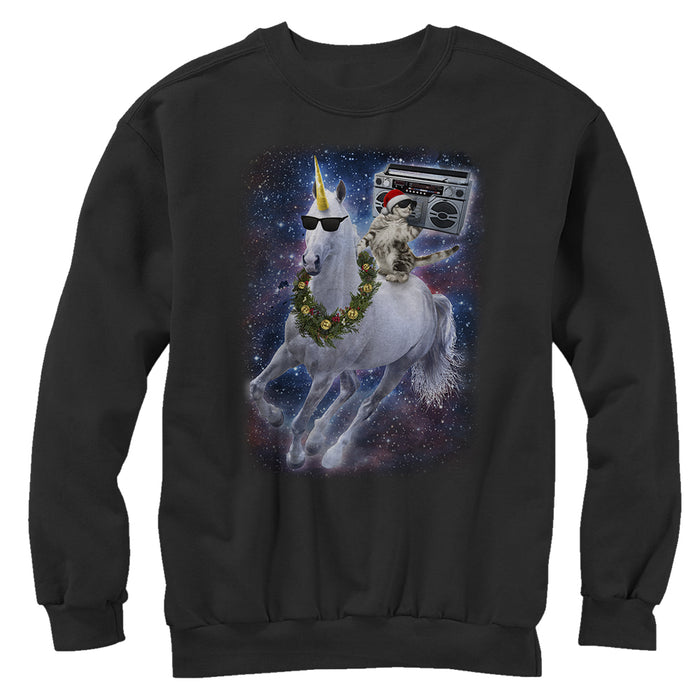 fifth sun Men's Lost Gods Ugly Christmas Cat Unicorn Space Song Sweatshirt