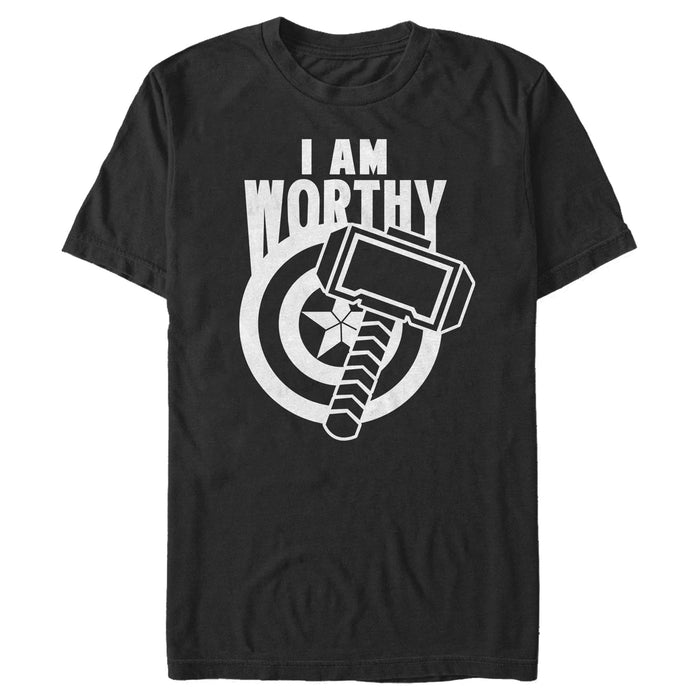 fifth sun Men's Marvel Avengers: Endgame Captain America I Am Worthy Mjolnir Shield T-Shirt
