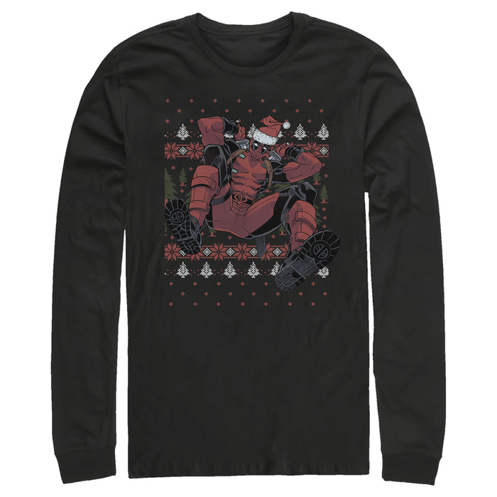 fifth sun Men's Marvel Deadpool Santa Hat Ugly Sweater Holiday Long Sleeve Shirt