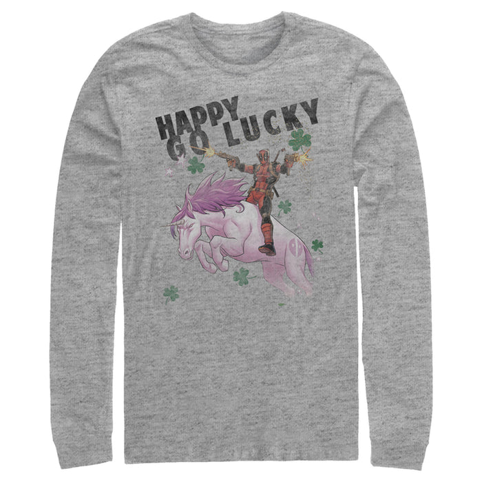 fifth sun Men's Marvel Deadpool St. Patrick's Day Happy Go Lucky Unicorn Long Sleeve Shirt