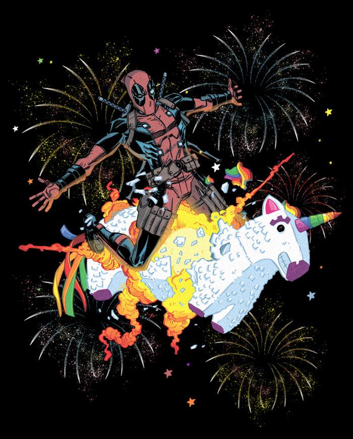 Fifth Sun Men's Marvel Fourth Of July Deadpool Unicorn Fireworks T-Shirt