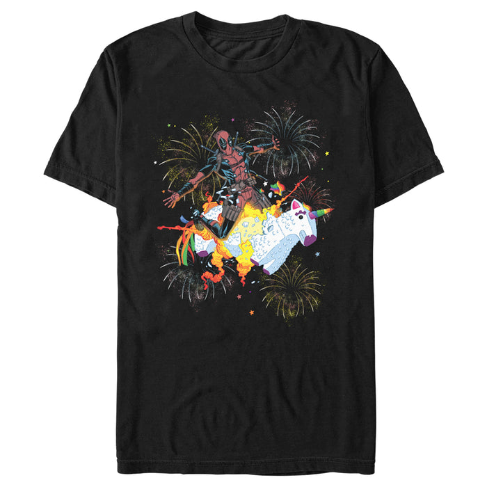 fifth sun Men's Marvel Fourth of July Deadpool Unicorn Fireworks T-Shirt