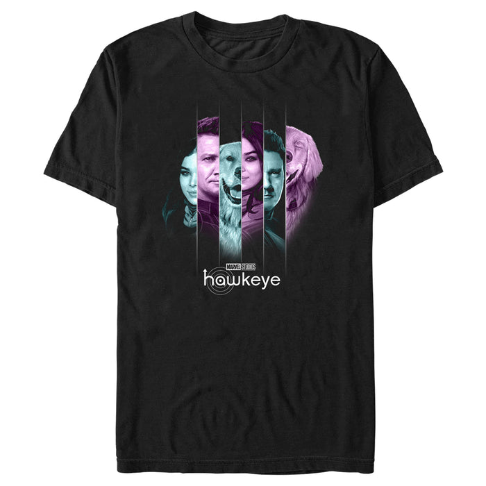 fifth sun Men's Marvel Hawkeye Kate Bishop and Lucky the Pizza Dog Split Panels T-Shirt