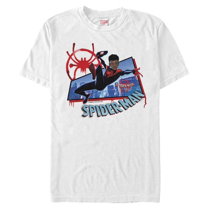 fifth sun Men's Marvel Spider-Man: Into the Spider-Verse Miles Kick Above City T-Shirt