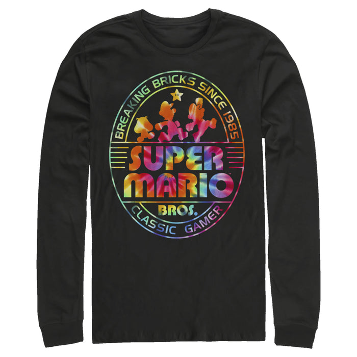 fifth sun Men's Nintendo Super Mario Brick Break 85 Tie-Dye Logo Long Sleeve Shirt