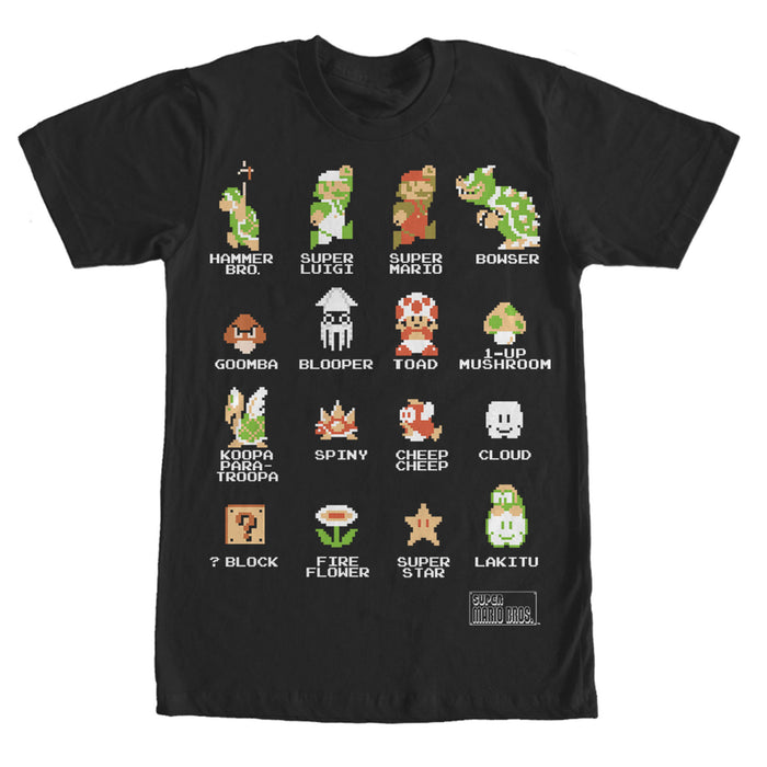 fifth sun Men's Nintendo Super Mario Bros Pixel Cast with Names T-Shirt