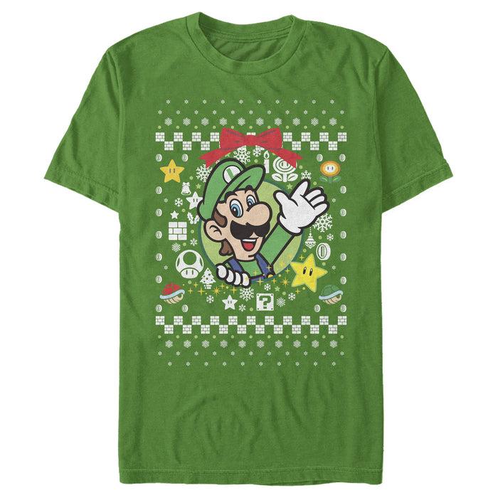fifth sun Men's Nintendo Ugly Christmas Luigi Wreath T-Shirt