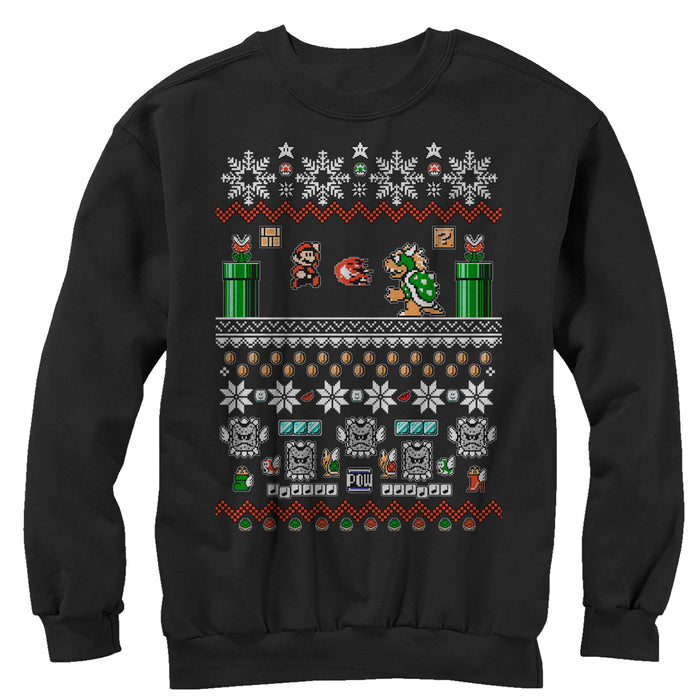 fifth sun Men's Nintendo Ugly Christmas Mario and Bowser Sweatshirt
